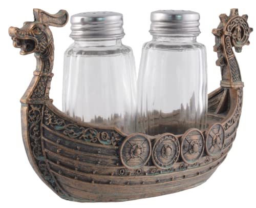 Drakar Nordic Salt and Pepper Shakers - Viking Ship with Glass Shakers, Bronze, LxBxH: 15x6x9cm - Image 2