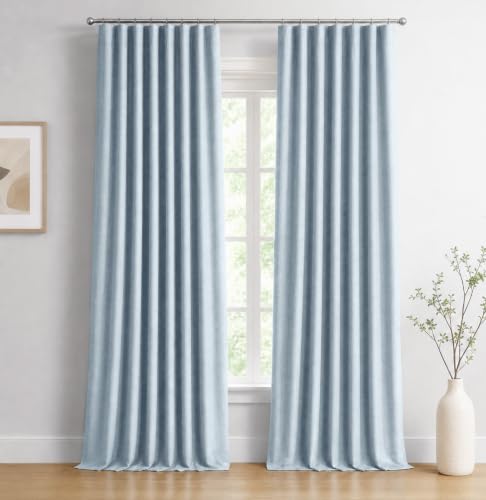 Image of INOVADAY 100% Blackout Curtains for Bedroom, Chambray Blue Black Out Curtains 90 Inch Long, Clip Rings Linen Blackout Drapes, Thermal Insulated Room Darkening for Living Room, 2 Panels - W50xL90