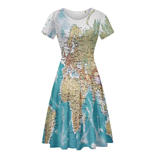 Image of POLERO Women Puffy Swing Elegant Party Midi Dresses Short Sleeve Round Neck A-Line Dress