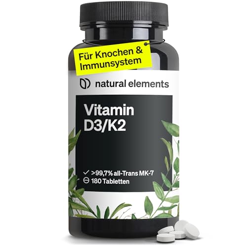 natural elements Vitamin D3 + K2 Depot – 180 Tabletten – Premium-Qualität: K2VITAL® von Kappa – 99,7+% All-Trans K2-MK7 + 5000 IE Vitamin D3 –...