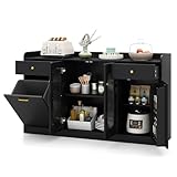 Giantex 55' Farmhouse Buffet Cabinet, Large Credenza w/Hidden Tilt Out Trash Can, 2 Glass Doors, 2 Drawers & Adjustable Shelves, Modern Sideboard Coffee Bar Cabinet for Kitchen, Dining Room (Black)