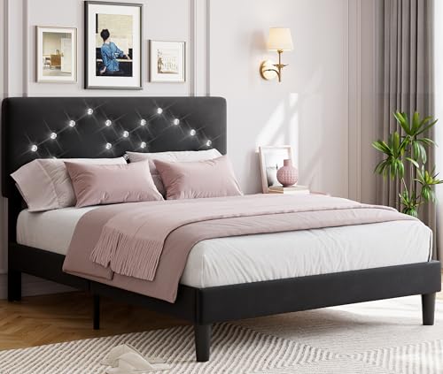 GAOMON Queen Size Bed Frame with Headboard, Upholstered Platform Bed Frames Queen Size with Crystal Diamond Tufted for Girls/Kids Easy Assembly, Wooden Slats Support, No Box Spring Needed, Black