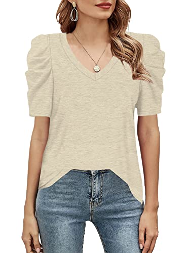 Danedvi Women Summer Casual V-Neck Short Puff Sleeves T Shirt Solid Basic Tunic Tops Beige #TOP5