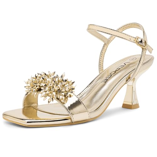 Vepose Women's Kitten Heels, Sparkly Rhinestone Cluster Ankle Strap Sandals, Comfortable Approx 3 Inch Low Heel Open Square Toe Dressy Prom Wedding Party Shoes 6119 8 Gold