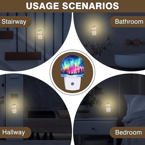 Image of Night Light, Northern Lights in Winter Forest Sky Night Lights Plug into Wall Dusk to Dawn Sensor Round Nightlight for Women Men Energy Efficient Led Lamp 0.5W for Stairway Hallway Bedroom