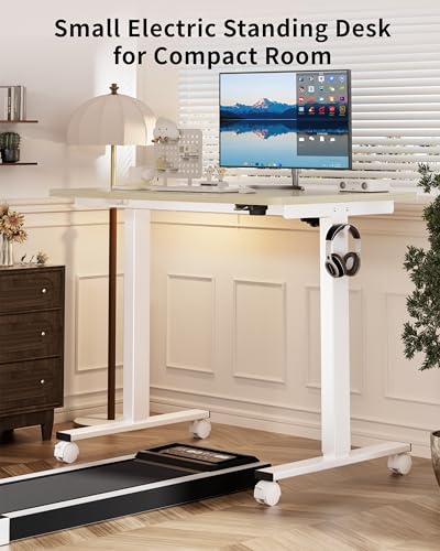 Image of Okin Electric Standing Desk, 40 x 24 Inches Whole Piece Height Adjustable Desk, Oak Sit to Stand Desks Computer Workstation with Wheels for Home Office