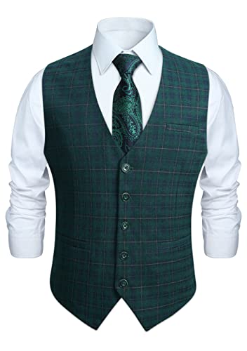 HISDERN Chaleco de Traje para Hombre Formal Boda Algodón Cuadros Chalecos Fiesta Clásico Elegant Business Verde M