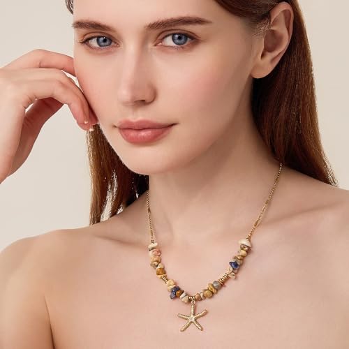 Cicy Bell Womens 18k Gold Plated Starfish Necklace Irregular Natural Perforated Gravel Boho Beach Necklaces Trendy Surfer Vacation Outfits Jewelry Gift2