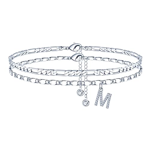 Image of Ursteel Ankle Bracelets for Women, 14K-Gold-Plated Dainty Layered Chain CZ Initial Anklets Set Summer Jewelry Gifts for Women
