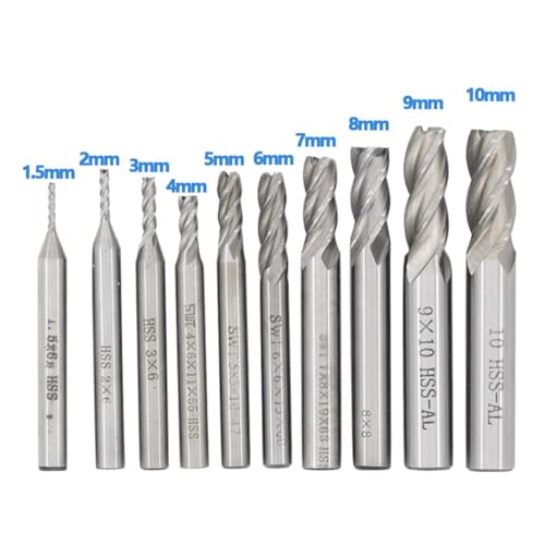 Image of ApplianPar Pack of 10 4 Flutes HSS End Mill Set CNC Straight Shank Slot Drill Bit Tool for Wood Steel Iron 1.5mm, 2mm, 3mm, 4mm, 5mm, 6mm, 7mm, 8mm, 9mm, 10mm