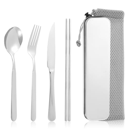7 piezas de cubertería de viaje de acero inoxidable, portátiles para camping, cubiertos con cuchillo, tenedor, cuchara, palillos, caja de almacenamiento, juego de cubiertos para viajes al aire libre