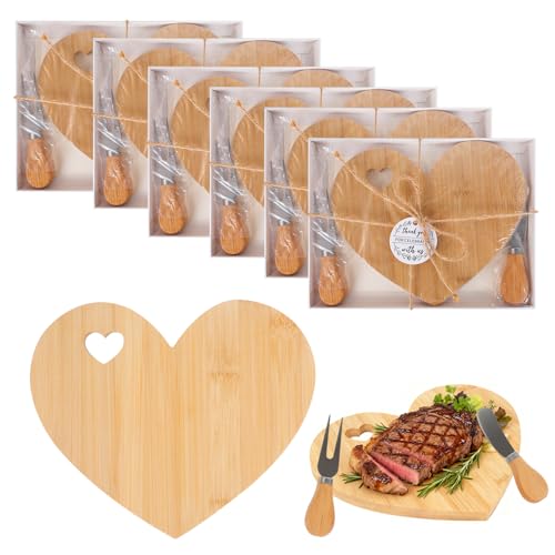 6 Set Heart Shaped Charcuterie Board Cheese Board Knife Fork Set Bamboo Charcuterie Cutting Boards with Thank You Tag for Wedding Bridal Shower Favors Birthday Valentines Gifts