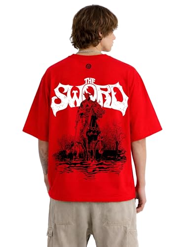 Image of The Sword Anime Graphic Oversized T-Shirt for Men and Women, Red, with Knight on Horseback Back Print and Slogan Front