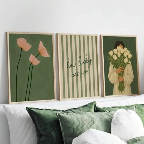 Citas de amor en póster retro floral, juego de 3 lienzos decorativos verdes de 40x60 cm