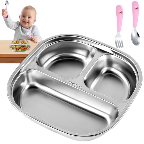 Grillix Plato con ventosa para niños, de acero inoxidable, plato destete, platos de destete con ventosa, con tapa, vajilla para niños, plato para niños con división