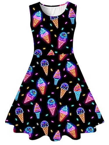 uideazone Girls Neon Sleeveless Dress Size 8-9 Ice Cream Pattern Twirl Dress Glow in The Dark Kids Stretchy Summer Casual A-Line Sundress for Princess-Themed Events Daily Wear Summer Weddings