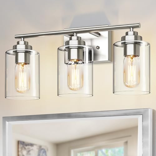 Image of SKEJAO Bathroom Vanity Light Over Mirror,Bathroom Light Fixture Wall Sconce Lighting for Bedroom,Living Room (Nickel, 3-Light)