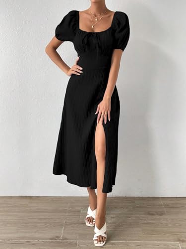 Image of Shasmi Women's & Girl's Tie Front Split Thigh Milkmaid Maxi Dress - Square Neck Puff Sleeve A-Line Long Dress, Elegant Casual & Parties Wear for Ledies (Dress 245)