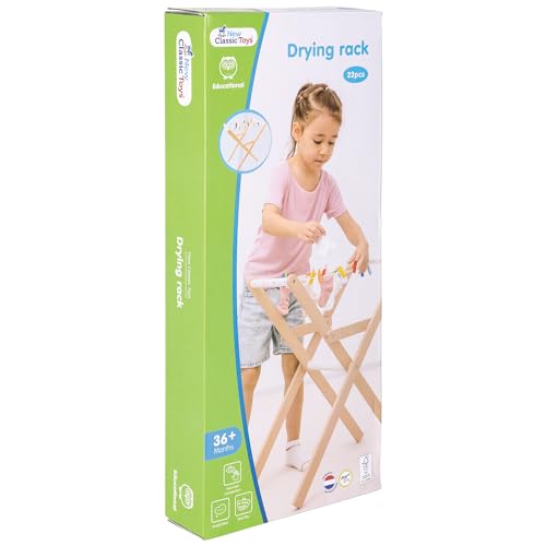 New Classic Toys 18350 Wäscheständer aus Holz, inkl. Wäscheklammern, M, Braun