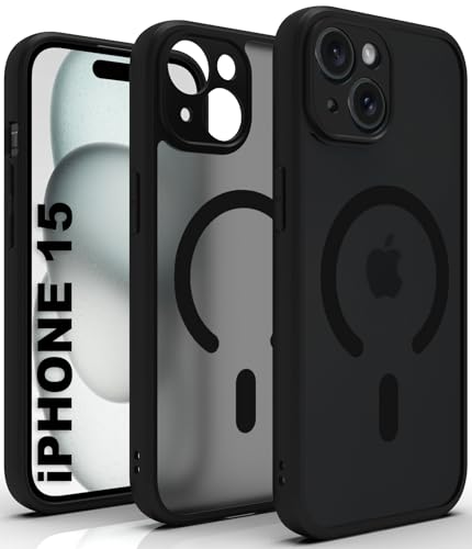 Image of RIGGEAR Shockproof Sleek Hybrid Armor Upgraded C-Shaped Magnetic Back Cover Case Compatible with MagSafe Accessories for iPhone 15 (Smoke Black Matte PC + Black TPU Bumper)