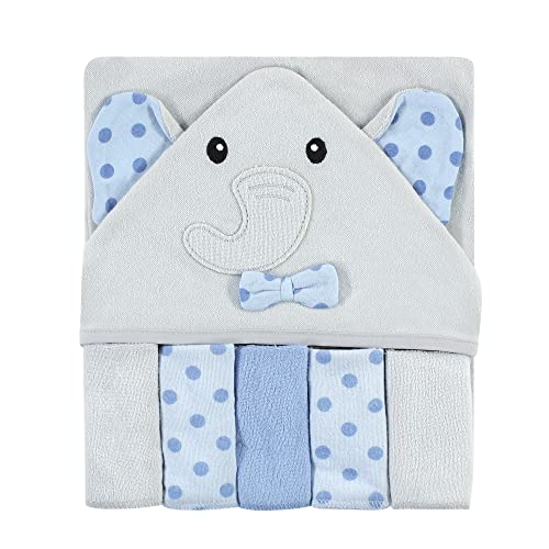 Hudson Baby Unisex Baby Hooded Towel and Five Washcloths, Blue Dots Gray Elephant, One Size