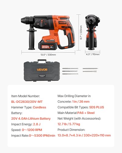 VEVOR 1" SDS-Plus Rotary Hammer Drill, 20V Brushless Cordless SDS Hammer Drills, 4.0Ah Lithium-Ion Battery Powered,3.0A Fast Charger, 4 Modes,Rotomartillo for Concrete,1200 RPM, 5300 BPM thumbnail 7