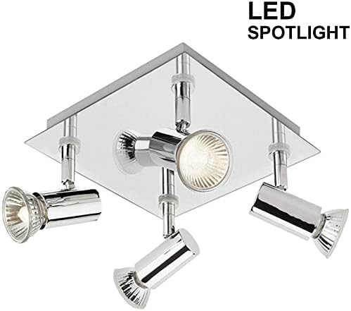 CASPERi Modern 4 Way LED Ceiling Lights Square Chrome Plate Adjustable and Rotatable GU10 LED Ceiling Spotlights for Kitchen Bedroom Loft Living Room (Chrome No Bulb)