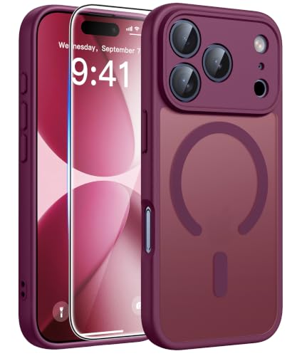 Image of FNTCASE for iPhone 17 Pro Case: Translucent Wine Red Slim Cases Compatible with MagSafe, Full Camera Protection & Tempered Glass Protector, 14FT Military Grade Drop Tested, Matte Skin-Friendly