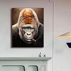 Canvas schilderij gorilla met een sigaar muurkunst roken kunstwerk, aap posters prints dierlijke foto voor slaapkamer decoratie 60 x 90 cm niet ingelijst