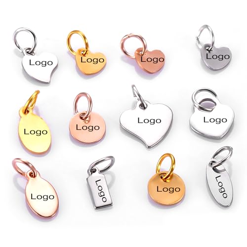 50pcs Custom Logo Laser Engraved Tags, Necklace Personalized Logo Brand Tag with Jump Ring, Jewelry Pendant Tag Findings