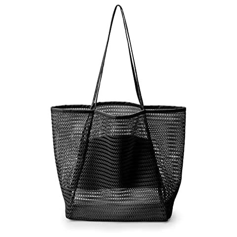 Mesh Grocery Tote Bag Beach Bag Extra Large Tote Bags for Women with Zip Pocket Shoulder Bag Summer Beach Bags Reusable Shopping Bag for Holiday Travel (Black) Cover