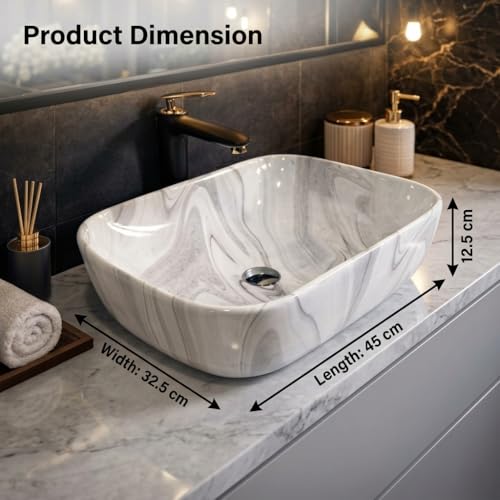 Image of Ceramic Tabletop Wash Basin - Glossy Rectangular Countertop Vessel Sink with Marble Finish for Bathroom & Vanity | Compact 18 x 13 x 5 Inch | Elegant Washbasin