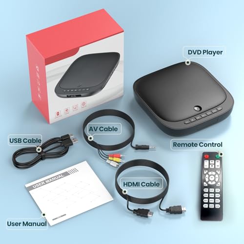 Desobry Mini odtwarzacz DVD do telewizora, HDMI 1080P, bez regionu, z wejściem USB/TF na kartę USB/RCA, obsługuje DVD/CD, odtwarzacz DVD do telewizora, zintegrowany PAL/NTSC