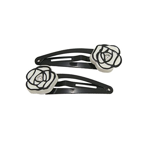 Mia Snip Snaps Mini Hair Clips Barrettes Hair Accessories for Women, Teens, Girls, Small Sections of Hair - White Enamel Camellias with Rhinestone Centers 2pcs