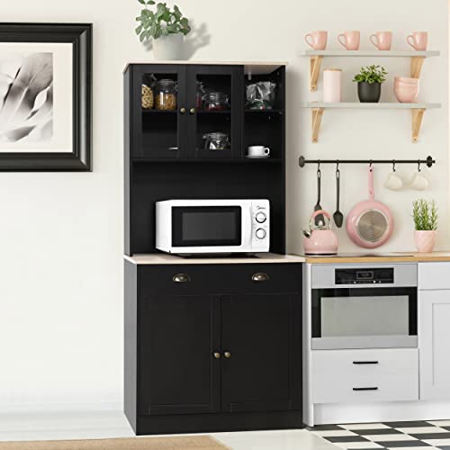 VEIKOU 71\" Kitchen Pantry Storage Cabinet with Buffet Hutch, Kitchen Storage Cabinet w/Glass Doors & Adjustable Shelves, Freestanding Kitchen Pantry Cabinet with Upgraded Metal Hinges, Black - Thumbnail 2