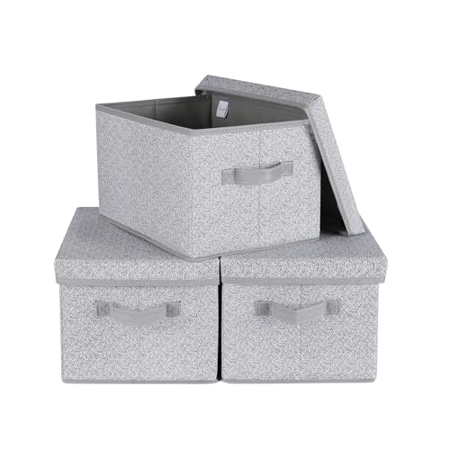 WUIKE Foldable Storage Bins with Lids, Storage Boxes with Handles, Closet Shelf Organizer, Fabric Storage Baskets for Bedroom, Decorative Storage Containers, Large, Ash Gray, 3-Pack