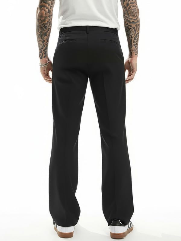 Image of FUGAZEE Black Highwaisted Bell Bottom Trousers for Men | Soft Cotton Twill Fabric | Wide Flared Bottom Pants | Regular Rise with Belt Loops | Retro 70s Style Streetwear Fashion