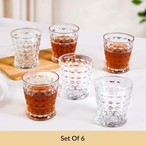 Image of Nestasia Transparent Set of 6 Small Juice Glasses (245 ml Each) - 100% Food Safe & Chip Resistant Raised Square Embossed Tapering Tumblers - Ideal for Water, Tea, Coffee & Refreshments