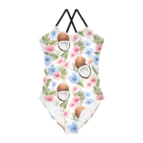 Girls Swimsuit Coconut Tropical Flower Pattern One Piece Swimwear