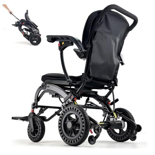 KENNOE Silla de ruedas eléctrica plegable ligera de fibra de carbono 33 lbs, para ancianos, soporte 350 lbs, tamaño de viaje, silla de ruedas eléctrica portátil con asiento ergonómico