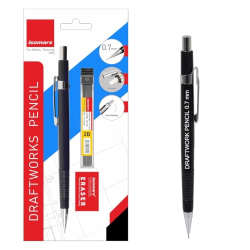 Image of Isomars Draftex Mechanical Pencil 0.7mm (2B) Black with 10 Extra Leads & Eraser | Drafting Pencil for Technical Drawing, Sketching, Engineering, Architecture & Writing