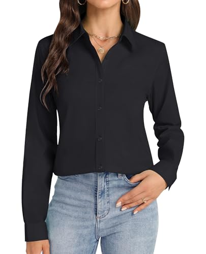 J.VER Button-Down-Shirts für Damen, Stretch-Kragen, Baumwolle, langärmelig, Hemd, Business, Freizeit, Bluse für die Arbeit, Schwarz, X-Groß