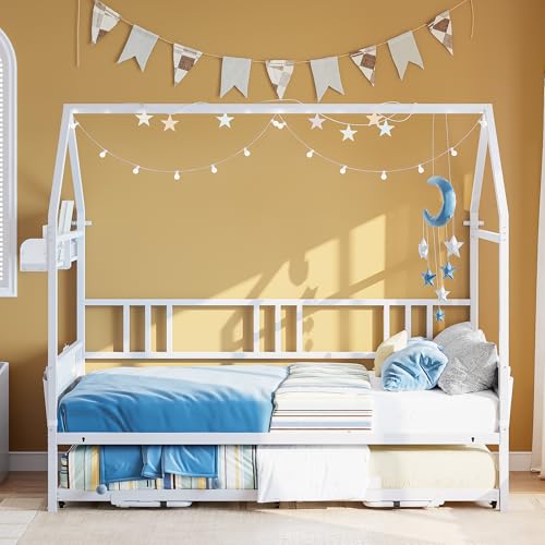 LIKIMIO Daybed with Pop Up Trundle, House Metal Twin Bed Frame with Bedside Storage,Sofa Day Bed for Living Room, Bedroom and Guest Room,White