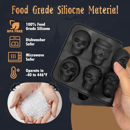 Image of Skull Silicone Molds Halloween 2 Pack 10 Cavity for Chocolate Candy, Freezing Yogurt Wax Melts 3D Tray 5 Head Shapes Food Grade Baking Mould Oven Safe Treat or Trick Kids Homemade DIY Party