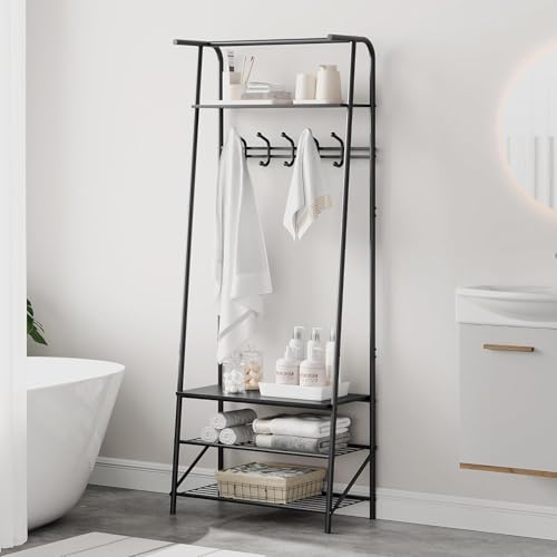 IDEALHOUSE Coat Rack Shoe Bench with 5 Hooks, Hall Trees Entryway Bench with Storage, Wood Look Accent Furniture with Metal Frame for Entryway, Living Room, Bedroom (Deep Black) by IDEALHOUSE - Used condition - Image 4