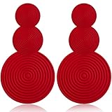 Handmade Long Round Alloy Dangle Drop Earrings - Statement 60s 70s 80s Vintage Gold Disk Round Disc Earrings - Boho Lightweight Summer Beach Jewelry Earring for Women (Red)