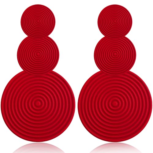 Handmade Long Round Alloy Dangle Drop Earrings - Statement 60s 70s 80s Vintage Gold Disk Round Disc Earrings - Boho Lightweight Summer Beach Jewelry Earring for Women (Red)