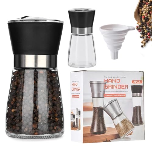 Spice Mill, Set of 2 Salt and Pepper Mill, Spice Mills Made of Stainless Steel, Salt Mills for Refilling, Adjustable Ceramic Grinder, for Spices such as Pepper, Salt and Chili, Black