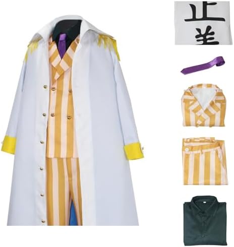 Unisex Men Halloween Outfit Anime Uniform White Jacket Cloak Cape Long Coat Yellow Striped Suit Cosplay Costume with Tie (Yellow, S)
