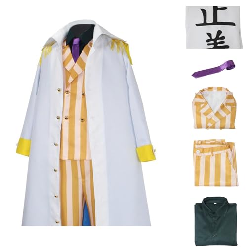 Roncome Unisex Men Halloween Outfit Anime Uniform White Jacket Cloak Cape Long Coat Yellow Striped Suit Cosplay Costume with Tie (Yellow S)